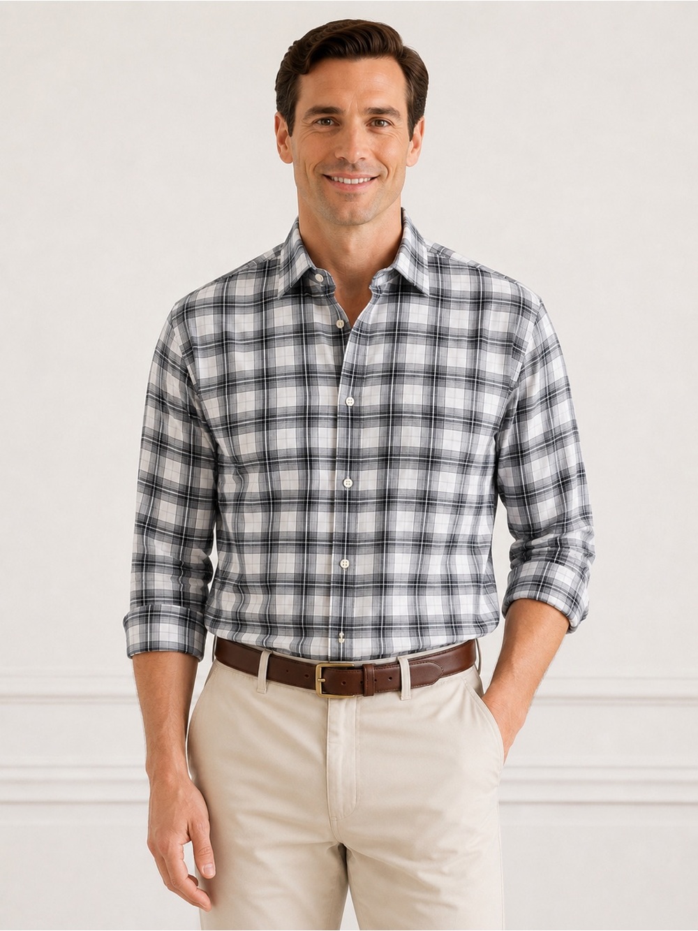 Charles Tyrwhitt Black/Gray Slim Fit Plaid Button Down Collared Preppy Shirt